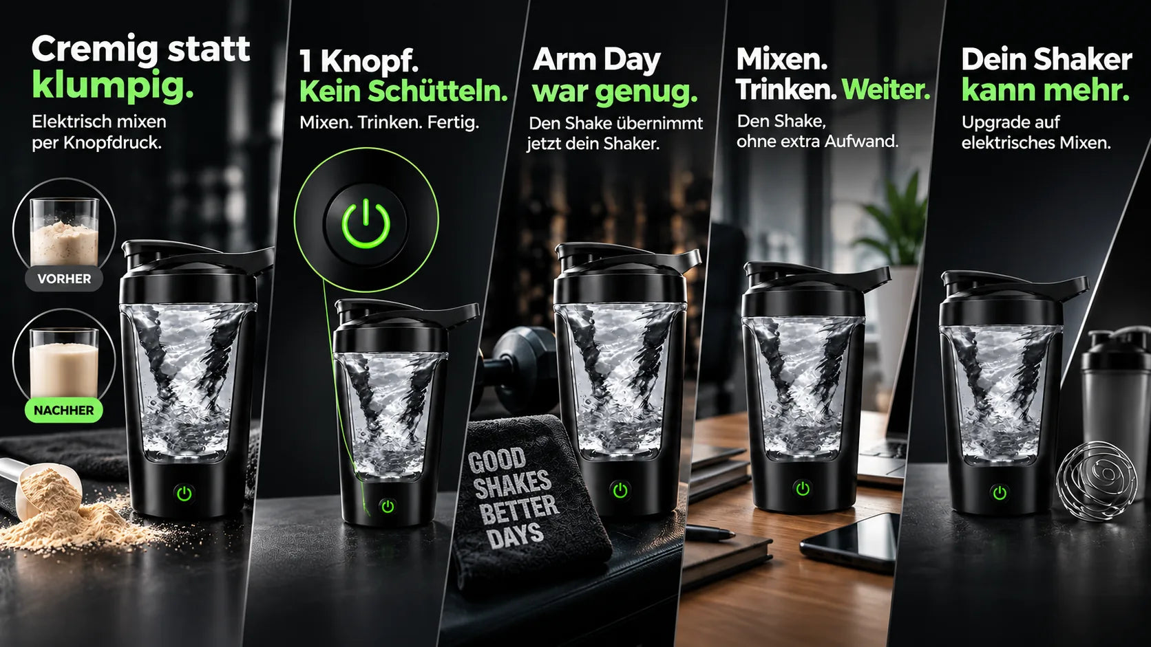Fünf Motive: Der Turboshake mixt Proteinpulver cremig per Knopfdruck, steht neben Hantel und Handtuch, auf dem Schreibtisch und neben einem klassischen Shaker mit Schüttelball
